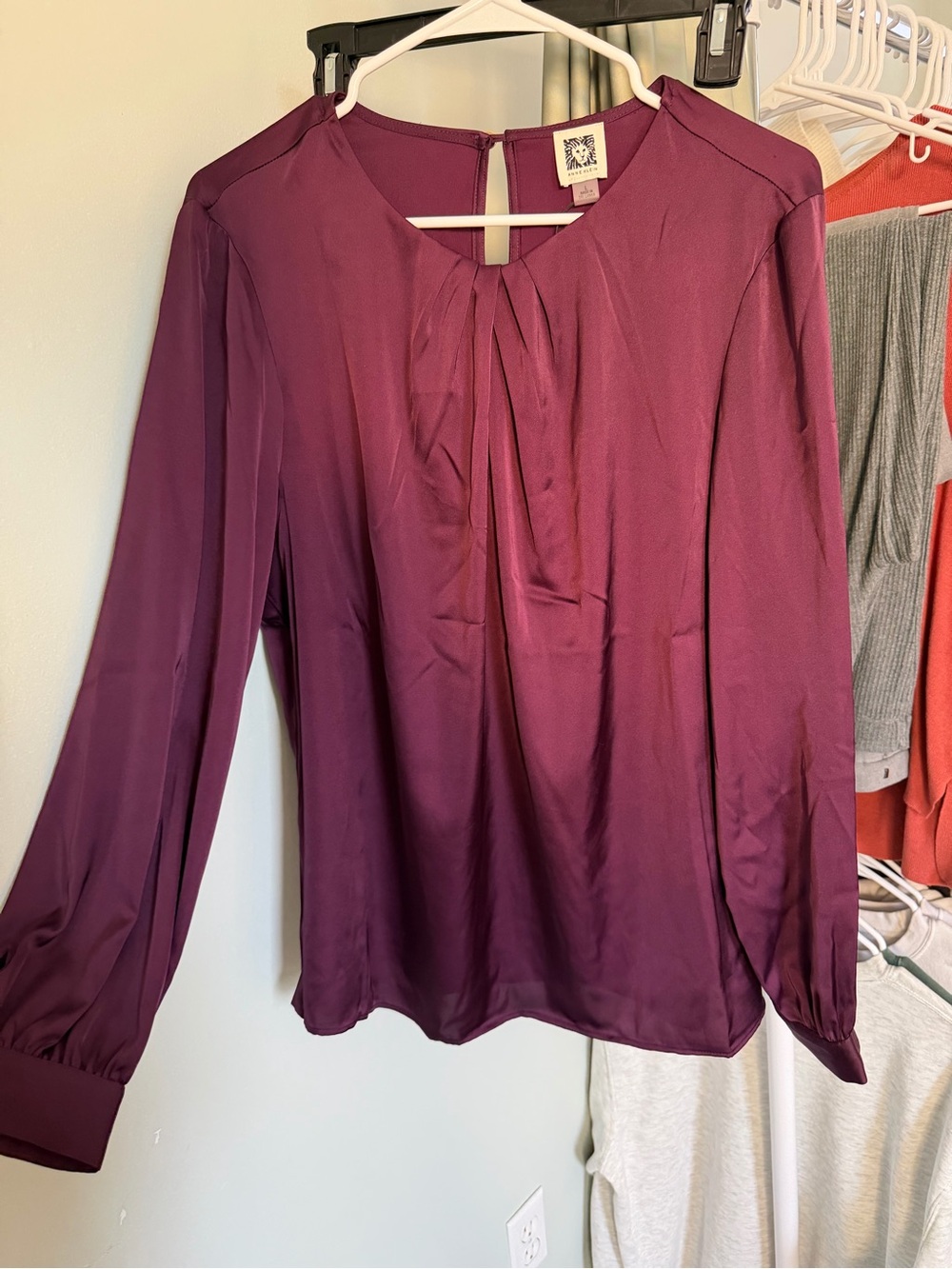 Anne Klein Plum Long-Sleeve Pleated Keyhole Blouse